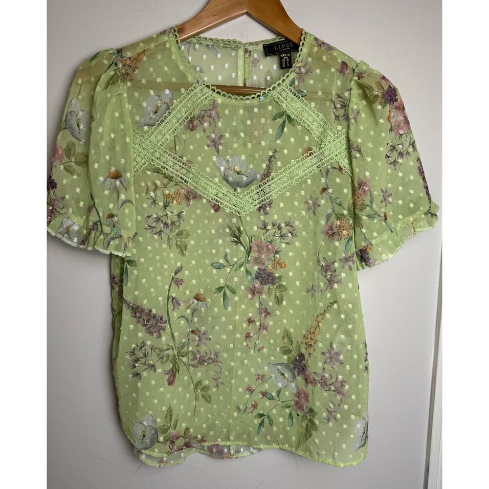 Lipsy London Sheer Floral Too US Size 6 Light Green Short Sleeve Blouse